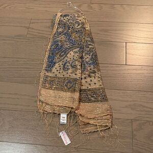 Ardene Blue, Tan & Gold Paisley Fringe Scarf - 96% Cotton